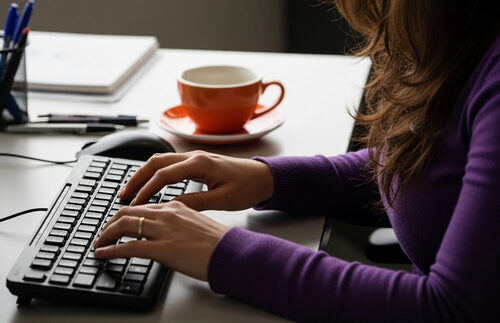 woman typing purple shirt